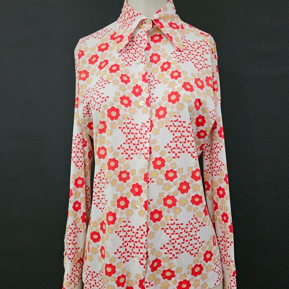 70s Shapely Flower Power Dagger Collar Long Sleeve Button Down Shirt - Picture 2 of 15